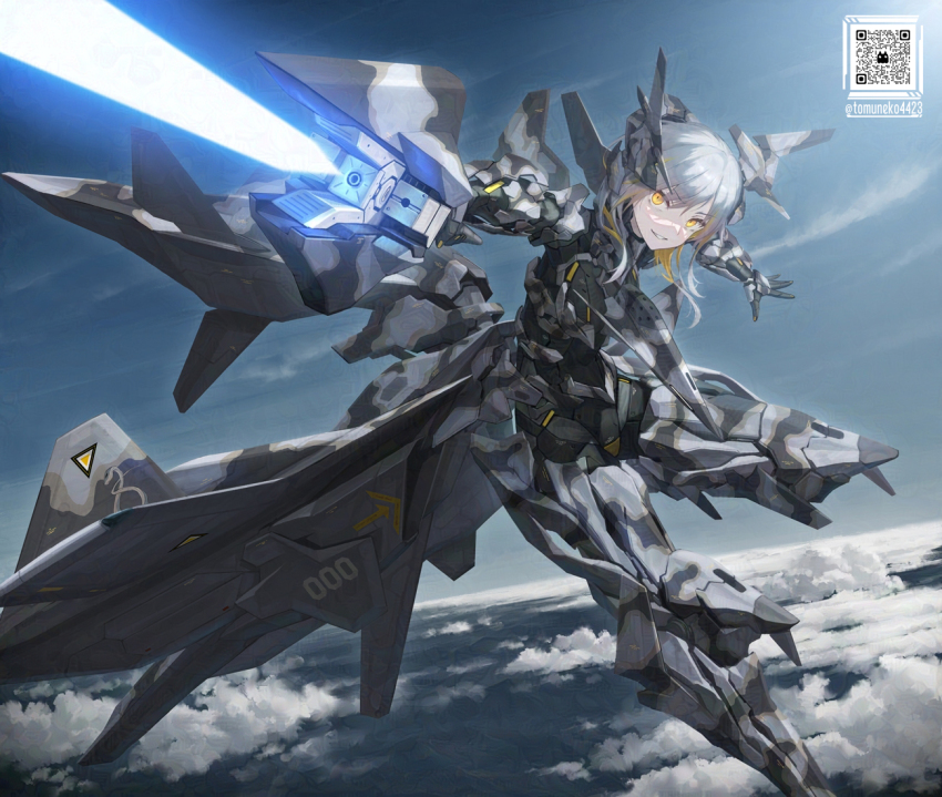 1girl ace_combat adf-01_falken blue_sky cloud directed-energy_weapon energy energy_beam energy_cannon energy_weapon firing flying adversarial_noise gun holding holding_gun holding_weapon laser_cannon laser_weapon long_hair looking_at_viewer mecha_musume multicolored_hair qr_code sidelocks sky smile solo tactical_laser_system tom-neko_(zamudo_akiyuki) twitter_username two-tone_hair weapon white_hair yellow_eyes