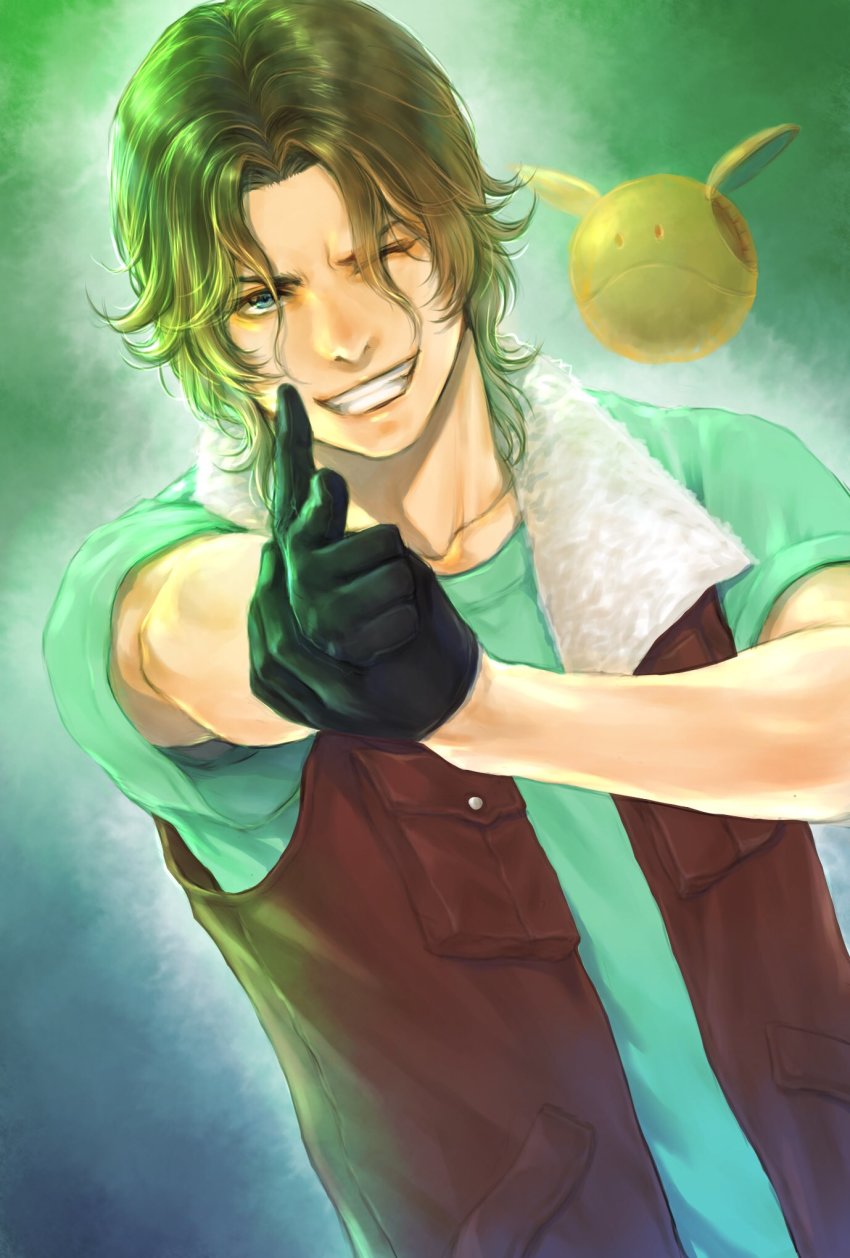 1boy black_gloves brown_vest collarbone gloves green_background green_eyes green_shirt gundam gundam_00 haro highres holding_own_arm lockon_stratos looking_at_viewer male_focus one_eye_closed robot shirt smile solo takeda_yuuko upper_body vest
