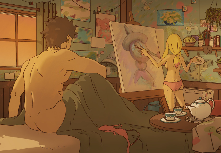 1boy 1girl aftersex ass blonde_hair bra breasts butt_crack canvas_(object) clothed_female_nude_male comfey commentary cup curtains cutiefly easel foongus gen_2_pokemon gen_5_pokemon gen_7_pokemon gen_8_pokemon hatterene highres holding holding_paintbrush implied_sex indoors long_hair mimikyu mina_(pokemon) morelull naked_breasts nintendo nude on_bed only_panties paintbrush painting_(action) painting_(object) panties pink_bra pink_panties pokemon pokemon_sm red_(pokemon) rikkusedo saucer shelf shirt sideboob sitting snubbull standing teacup teapot topless_female underwear unworn_bra unworn_shirt window