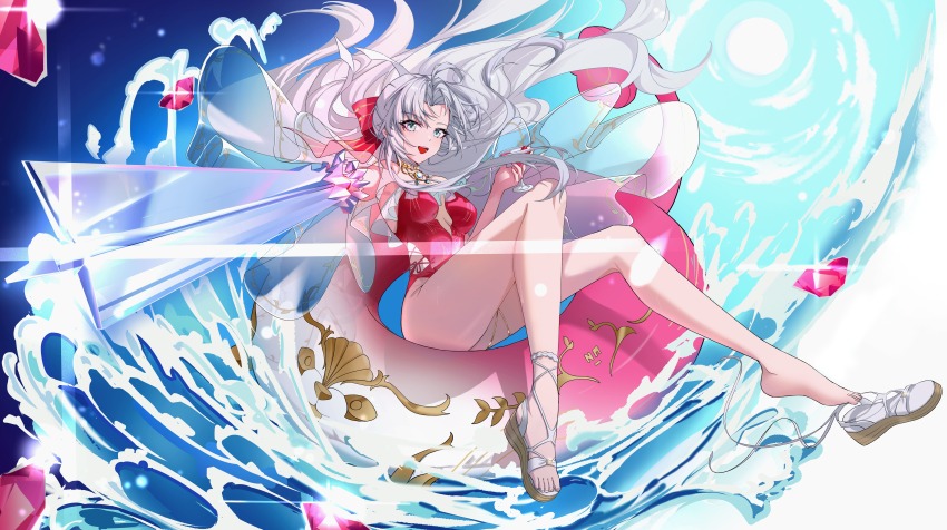 1girl absurdres aiming aiming_at_viewer aqua_eyes bare_legs breasts carlotta_(splashing_summer)_(wuthering_waves) carlotta_(wuthering_waves) casual_one-piece_swimsuit commentary english_commentary feet floating_hair gun highres holding holding_gun holding_weapon legs long_hair looking_at_viewer making-of_available medium_breasts mixed-language_commentary multilingual_commentary official_alternate_costume one-piece_swimsuit open_mouth pink_one-piece_swimsuit rena_(rena_emc2) rifle sandals smile solo swim_ring swimsuit thighs toes very_long_hair weapon white_hair white_sandals wuthering_waves