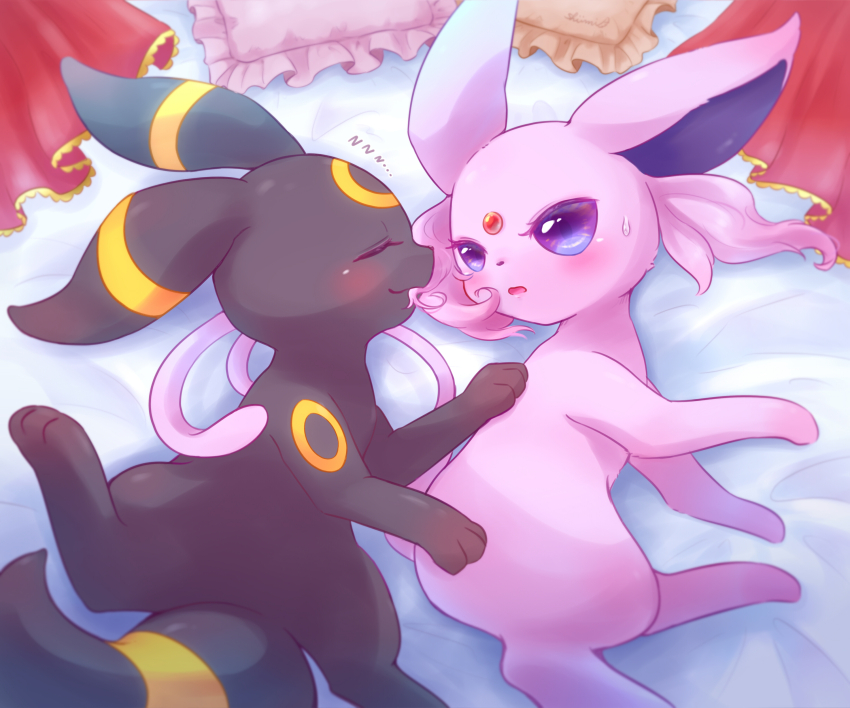 absurdres blush espeon eyelashes forehead_jewel forked_tail gen_2_pokemon hair_biting highres markings nintendo no_humans pink_hair pokemon pokemon_(creature) purple_eyes shii_(no-va_could) sidelocks smile sweat tail umbreon