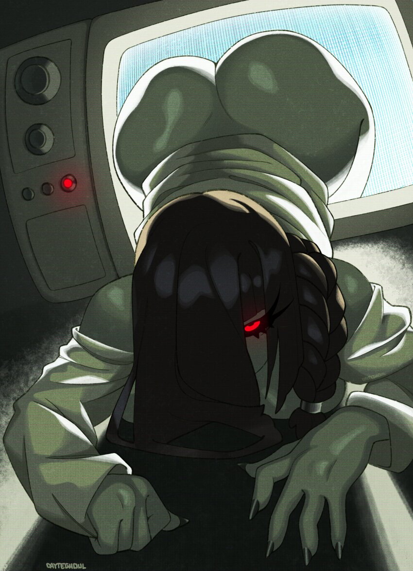 1girl absurdres ass backlighting bare_shoulders bent_over black_hair black_nails black_sclera braid breasts colored_sclera covered_face crawling crt dayteghoul dial_television ghost ghost_girl hair_over_face hands_on_ground highres horror_(theme) huge_ass indoors large_breasts long_hair looking_at_viewer pale_skin red_eyes robe side_braid single_braid solo television the_ring through_medium through_screen top-down_bottom-up white_robe yamamura_sadako