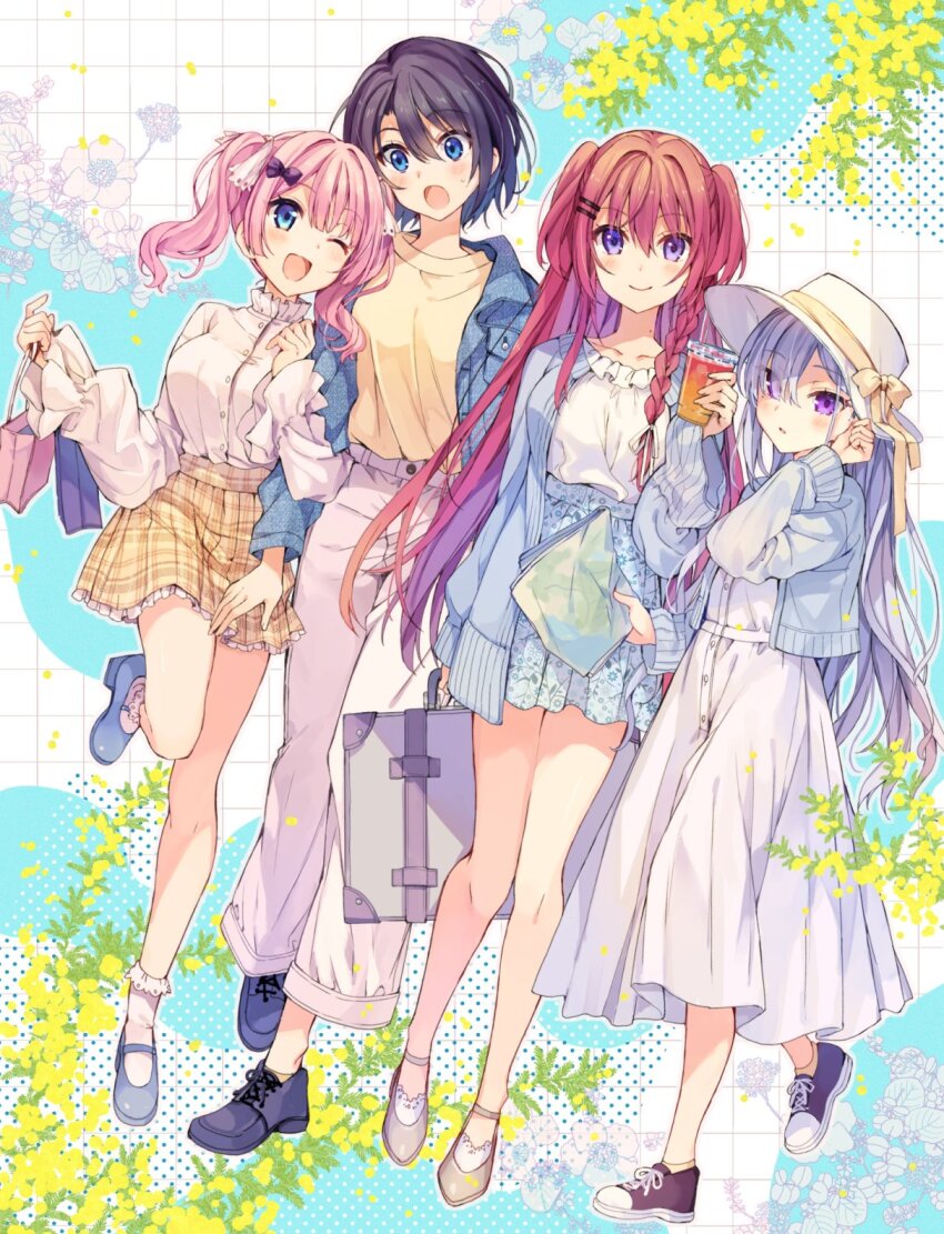 4girls :d aqua_eyes bag bare_legs bcoca black_hair denim denim_jacket drink elf_wa_yoru_wo_omachikane full_body grabbing_another&#039;s_arm grey_hair grid_background hair_over_one_eye hat highleg highres holding holding_bag holding_drink jacket leaf long_hair long_skirt mary_janes multiple_girls official_art one_eye_closed open_clothes open_jacket open_mouth pants parted_lips pink_hair plaid_clothes plaid_skirt purple_eyes red_hair shirt shoes skirt smile sneakers standing standing_on_one_leg twintails very_long_hair yamasashi_akira yamasashi_hoshine yamasashi_koyoi yamasashi_tsukiko