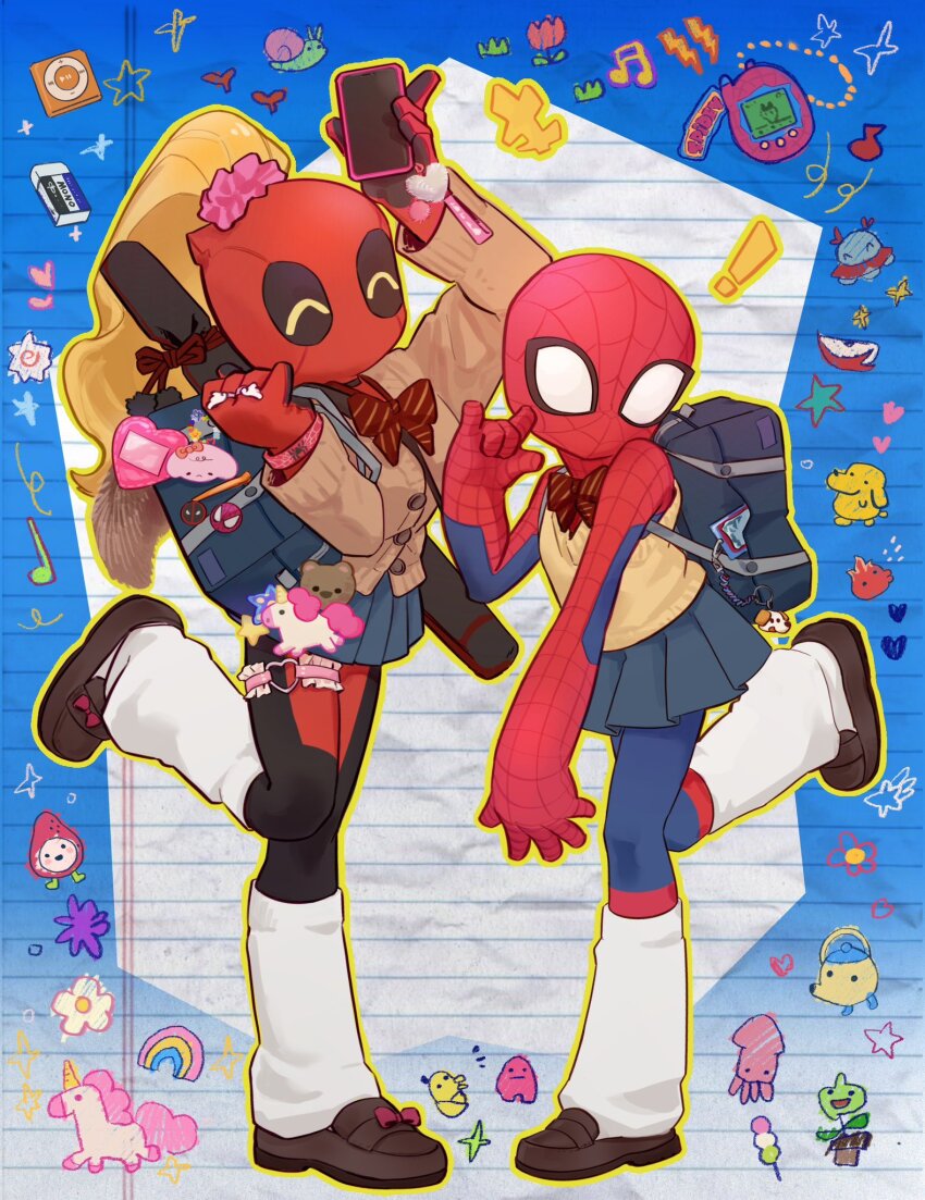 ! 2boys asaki_r backpack bag black_bodysuit black_skirt blue_bodysuit bodysuit bow bowtie bracelet brown_jacket brown_shoes buttons cellphone charm_(object) chinese_commentary closed_eyes crossdressing deadpool deadpool_(series) digital_media_player footwear_bow full_body hand_up hands_up heart_ornament highres holding holding_phone ipod ipod_shuffle ipod_shuffle_4g jacket jewelry leg_warmers long_sleeves male_focus marvel miniskirt multiple_boys multiple_views phone pleated_skirt purple_bow red_bodysuit red_bow red_bowtie ring shoes skirt smartphone spider-man spider-man_(series) spider_web_print standing standing_on_one_leg star_(symbol) striped_bow striped_bowtie striped_clothes superhero_costume sweater_vest tamagotchi_(virtual_pet) two-tone_bodysuit virtual_pet_(toy) weapon weapon_on_back yellow_sweater_vest