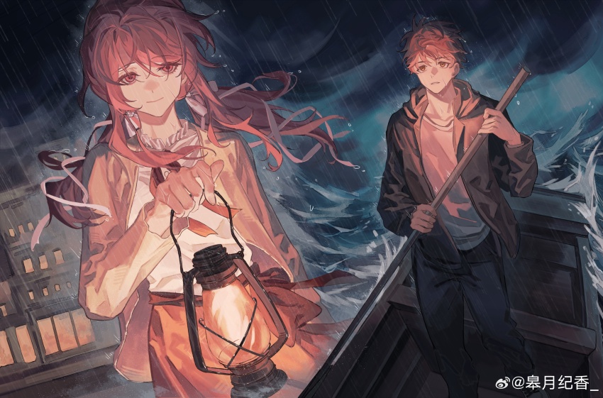1boy 1girl absurdres blush boat bow cloud cloudy_sky cruiser dark_clouds emiya_shirou fate/stay_night fate_(series) fire flashlight flashlight_beam gaoyue_jixiang giant grey_sky hair_bow hair_ornament highres holding holding_flashlight igote jacket lightning long_hair long_sleeves military_vehicle night oc_x_canon ocean open_mouth original outdoors overcast pink_eyes pink_hair puddle rain ribbon sail ship shirt skirt sky smile storm storm_cloud stormy_waters taking_shelter thunder transparent twintails warship water water_drop watercraft waves wet wet_clothes wet_hair white_bow wind