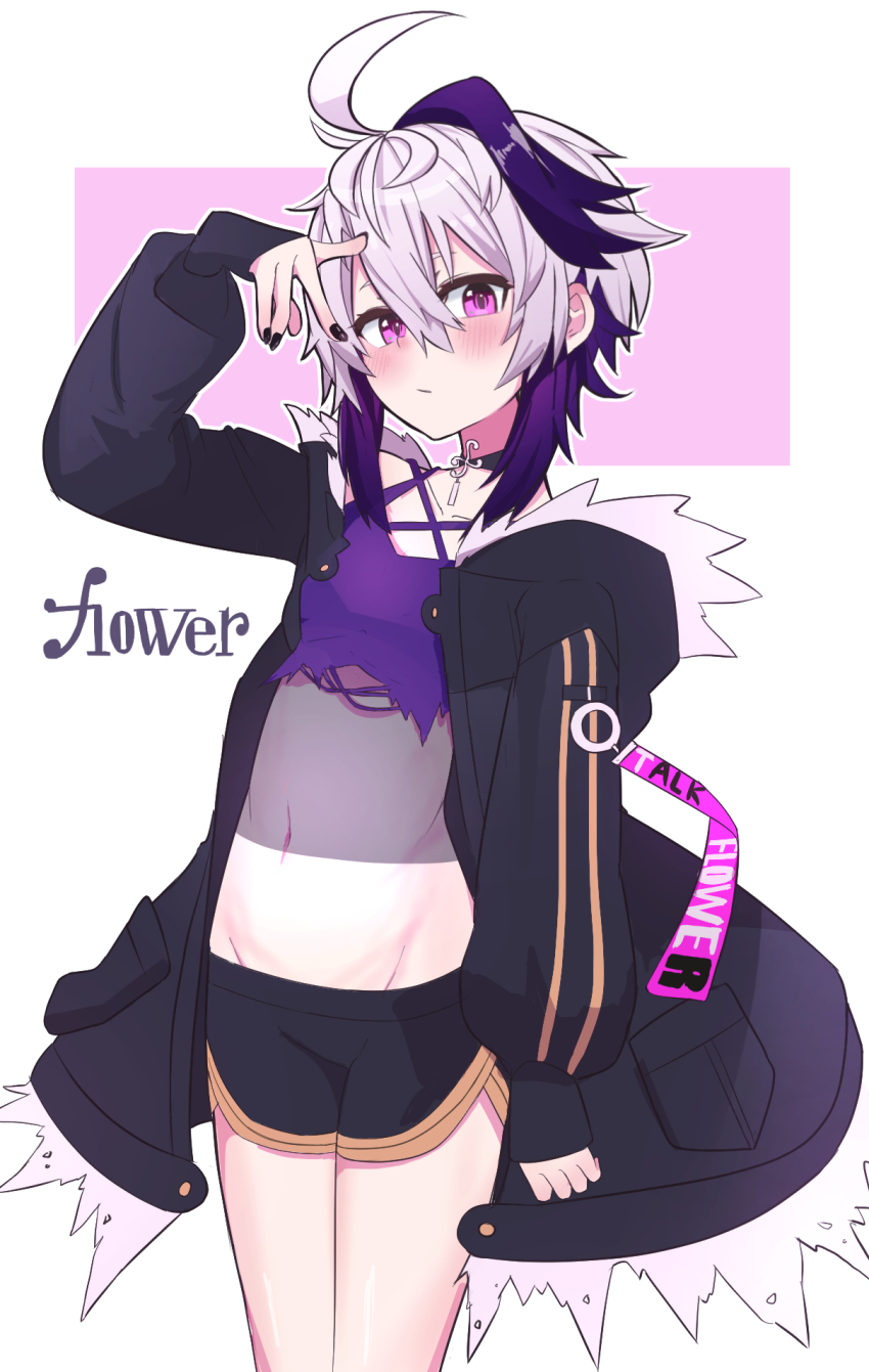 1girl adjusting_hair ahoge androgynous black_choker black_jacket black_nails black_shorts character_name choker closed_mouth crop_top cross-laced_clothes cross-laced_top expressionless flower_(gynoid_talk) flower_(vocaloid) fur-trimmed_jacket fur_trim gynoid_talk hair_between_eyes highres huge_ahoge jacket light_blush looking_at_viewer midriff multicolored_hair navel open_clothes open_jacket outline purple_eyes purple_hair purple_shirt shirt short_hair shorts sidelocks simple_background solo streaked_hair sukenoota thighs tomboy vocaloid white_hair white_outline