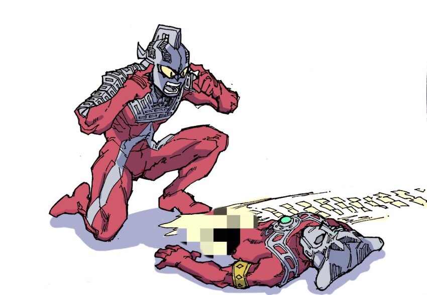 2boys alien amputee angry armlet armor censored color_timer colored_skin commentary crest empty_eyes english_commentary eye_slugger facial_mark fingers_to_head forehead_jewel forehead_mark full_body gem gold_armlet green_gemstone jewelry ju5tab0r3d1 lying male_focus meme mosaic_censoring multicolored_skin multiple_boys muscular muscular_male on_back on_ground on_one_knee open_mouth pointing pointing_at_self red_skin shadow silver_skin simple_background skid_mark think_mark_think!_(meme) tokusatsu ultra_series ultraman_leo ultraman_leo_(series) ultraseven v-shaped_eyes white_background yellow_blood