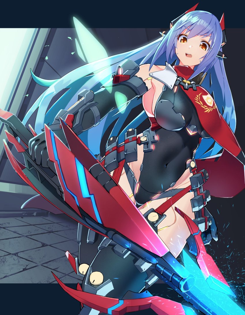1girl absurdres android breasts highres joints large_breasts leotard mecha_musume medaman nintendo open_mouth poppi_(xenoblade) poppi_qtpi_(xenoblade) purple_hair red_eyes robot_ears robot_joints solo thighhighs weapon xenoblade_chronicles_(series) xenoblade_chronicles_2