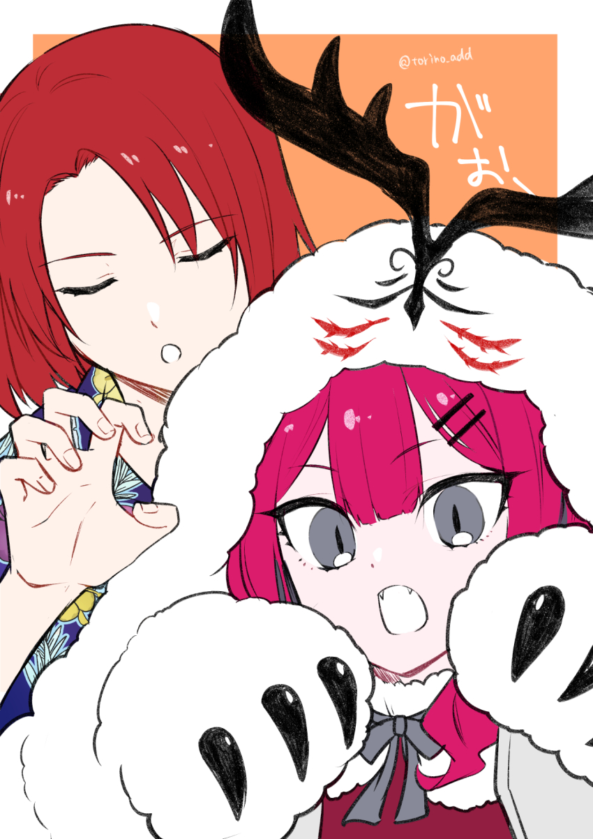 1boy 1girl antlers baobhan_sith_(fate) baobhan_sith_(swimsuit_pretender)_(fate) baobhan_sith_(swimsuit_pretender)_(first_ascension)_(fate) character_hood closed_eyes fate/grand_order fate_(series) gao grey_eyes hair_ornament hairpin highres horns open_mouth red_hair torinonest tristan_(chicken_of_luluhawa)_(fate) tristan_(fate) watermark