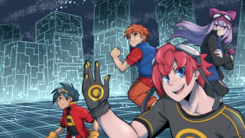 aiba_takumi blue_eyes digimon digimon_story digimon_story:_cyber_sleuth digimon_story:_lost_evolution digimon_story:_sunburst_and_moonlight goggles goggles_on_head hat long_hair male_protagonist_(digimon_story) purple_eyes purple_hair red_hair sayo_(digimon) short_hair shu_(digimon)