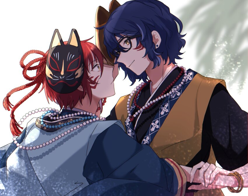 2boys aoba_tsumugi aoba_tsumugi_(blue-haired_onryo) bead_necklace beads bishounen black-framed_eyewear black_mask black_shirt blue_hair blue_shirt bracelet closed_mouth constricted_pupils dark_blue_hair earrings ensemble_stars! eye_contact face-to-face facial_mark fold-over_collar fox_mask grabbing_another&#039;s_arm gradient_background hair_between_eyes hand_up highres holding holding_mask implied_yaoi japanese_clothes jewelry jinbaori looking_at_another male_focus marking_on_cheek mask mask_on_head multicolored_hair multiple_boys multiple_necklaces necklace official_alternate_costume red_hair sakasaki_natsume sakasaki_natsume_(masked_onryo) shirt three-quarter_sleeves streaked_hair stud_earrings upper_body v1030s024 whisker_markings yellow_eyes