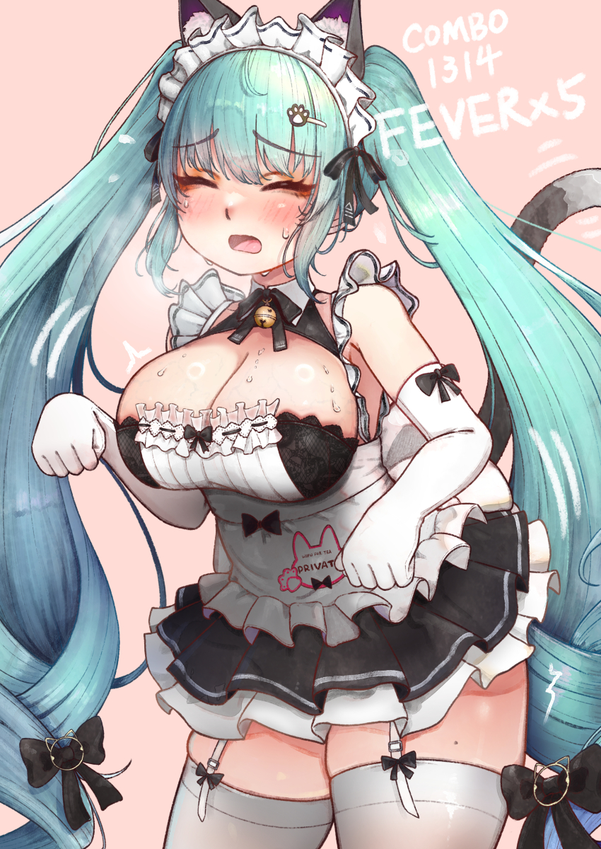 1girl absurdres animal_ears apron black_dress blue_hair blush breasts cat_ears cat_tail closed_eyes dancing dress drill_hair elbow_gloves fake_animal_ears fake_tail gloves goddess_of_victory:_nikke highres kilowinwin large_breasts legwear_garter light_blue_hair long_hair maid maid_headdress neck_bell official_alternate_costume open_mouth paw_hair_ornament privaty_(nikke) privaty_(unkind_maid)_(nikke) solo sweat tail thighhighs twin_drills twintails very_long_hair white_apron white_gloves white_thighhighs