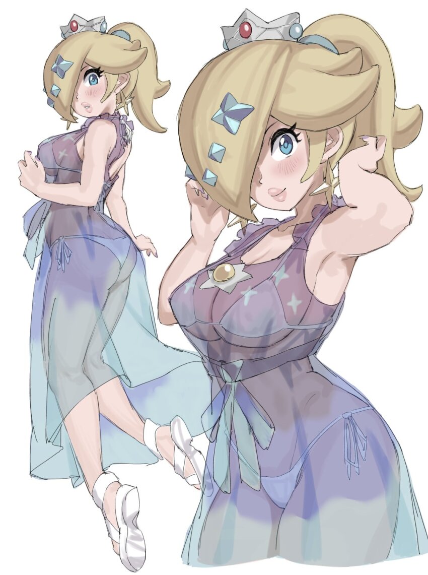 1girl adapted_costume armpits bare_shoulders blonde_hair blue_dress blue_eyes blue_gemstone blush bra breasts brooch cleavage closed_mouth crown dress earrings gem gem_hair_ornament gradient_clothes gradient_dress hair_over_one_eye highres jewelry large_breasts long_hair looking_at_viewer looking_back mario_(series) mario_kart mario_kart_tour mario_kart_world navel nintendo panties ponytail rosalina rosalina_(aurora) see-through_clothes see-through_dress simple_background sleeveless sleeveless_dress smile star_(symbol) star_earrings toggy_keiichi underwear white_background white_bra white_panties