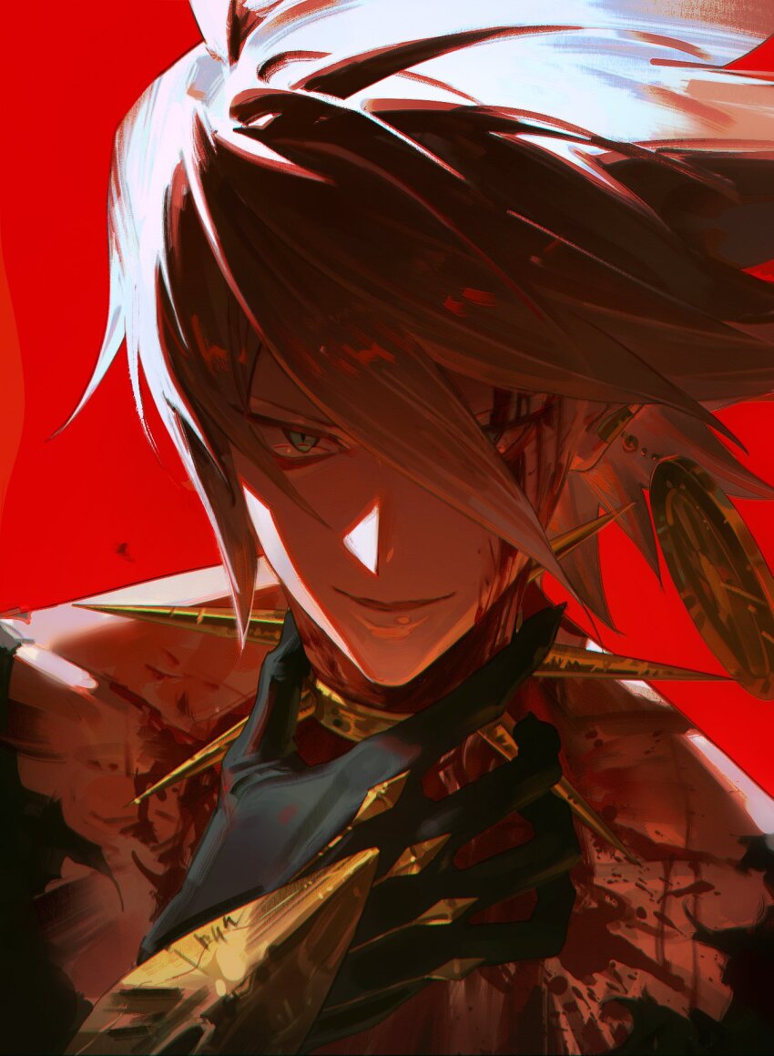 1boy bishounen blood blood_on_face blue_eyes collar earrings eyeshadow eyeshadow_under_eye fate/grand_order fate_(series) gy0zax2 hair_between_eyes hand_on_own_neck highres jewelry karna_(fate) looking_at_viewer makeup male_focus open_mouth red_background red_eyeshadow short_hair simple_background smile solo spiked_collar spikes upper_body white_hair