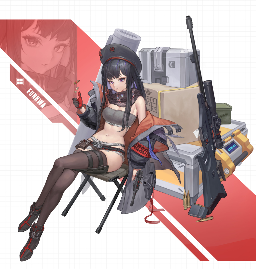 1girl absurdres alternate_breast_size ammunition beret black_footwear black_gloves black_hair black_scarf black_shorts black_thighhighs box breasts cardboard_box character_name cleavage crossed_legs eunhwa_(nikke) gloves goddess_of_victory:_nikke grey_jacket grey_panties grey_tube_top gun hat highres holding holding_gun holding_weapon jacket long_hair medium_breasts micro_shorts navel on_chair panties puka_(oni) rifle scarf shorts sitting solo sports_bra sports_panties stomach strapless thighhighs thighs tube_top underwear weapon weapon_request white_background zoom_layer