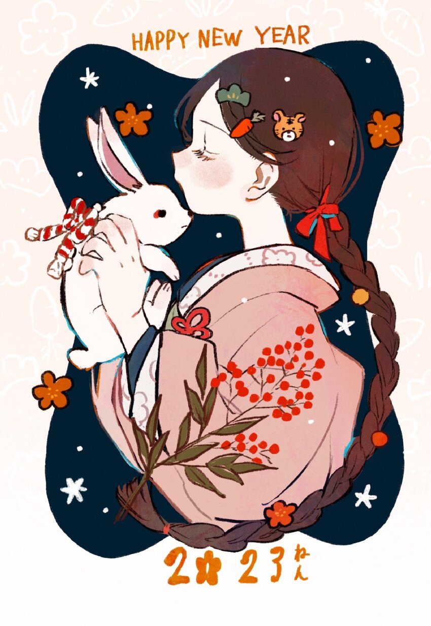 1girl animal animal_hood blue_background blush border bow braid brown_border brown_hair carrot_hair_ornament chinese_zodiac closed_eyes cloud_print cropped_torso eyelashes flower_knot food-themed_hair_ornament from_side hair_bobbles hair_bow hair_ornament hair_tie highres holding holding_animal holding_rabbit hood japanese_clothes kimono kiss kissing_animal leaf_hair_ornament long_hair long_sleeves original outside_border pink_kimono rabbit red_bow red_ribbon ribbon sawa_(sion_0d1m) single_braid solo tiger_hood very_long_hair wide_sleeves year_of_the_rabbit