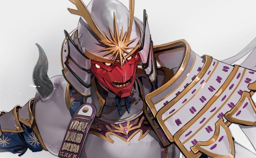 1boy armor breastplate covered_face daneda extra_eyes fate/samurai_remnant fate_(series) helmet highres japanese_armor japanese_clothes kabuto_(helmet) male_focus mask masked red_mask rogue_saber_(fate/samurai_remnant) samurai shoulder_armor simple_background sode solo spiked_pauldrons upper_body white_armor white_background