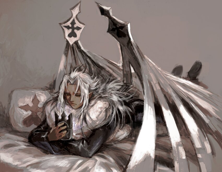 1boy absurdres black_coat_(kingdom_hearts) commentary dark-skinned_male dark_skin dated_commentary day feet_up frown full_body furrowed_brow grey_background highres holding holding_phone hugging_object indoors kingdom_hearts kingdom_hearts_ii long_bangs long_hair looking_at_phone looking_down lying male_focus on_pillow on_stomach parted_bangs phone pillow pillow_hug pointy_ears sad snoozaga solo spiked_hair white_hair white_wings wings xemnas yellow_eyes