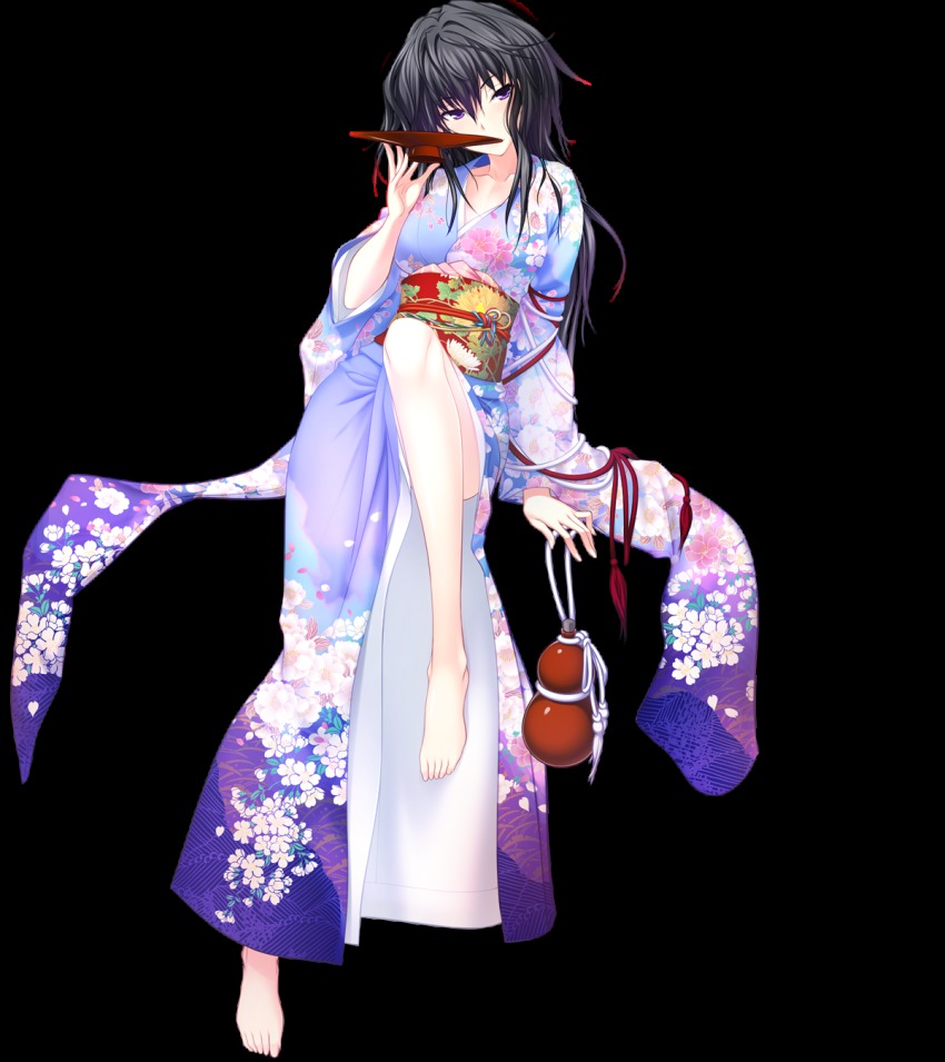 1girl alcohol barefoot black_hair bottle cup female_focus floral_print full_body gourd highres japanese_clothes kawagishi_keitarou kimono long_hair maji_de_watashi_ni_koi_shinasai! maji_de_watashi_ni_koi_shinasai!_s musashibou_benkei obi purple_eyes sakazuki sake sash solo transparent_background