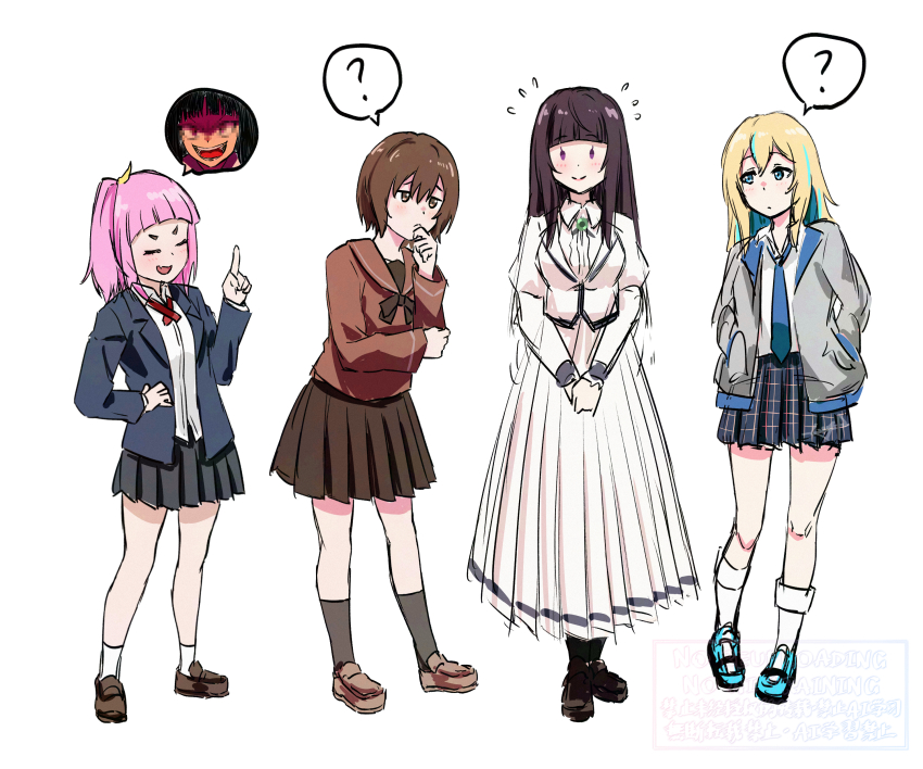 4girls ? absurdres bilingual_commentary black_shoes black_socks blonde_hair blue_eyes blue_hair blue_jacket blue_necktie blue_skirt blush brown_hair brown_shirt brown_shoes brown_skirt center_frills chinese_commentary closed_eyes colored_inner_hair commentary_request fang frills green_brooch grey_jacket grey_skirt hair_between_eyes hands_in_pockets highres jacket kouzuki_mahiru loafers long_hair long_sleeves medium_hair mixed-language_commentary multicolored_hair multiple_girls mutsuki_(mutsuki0110) neck_ribbon necktie one_side_up open_clothes open_jacket open_mouth pink_hair plaid_clothes plaid_skirt pleated_skirt purple_eyes purple_hair red_ribbon ribbon rock_wa_lady_no_tashinami_deshite school_uniform serafuku shirt shoes simple_background skin_fang skirt socks spoken_question_mark standing takanashi_kim_anouk_mei watase_kiui white_background white_jacket white_shirt white_skirt white_socks yamanouchi_kano yoru_no_kurage_wa_oyogenai