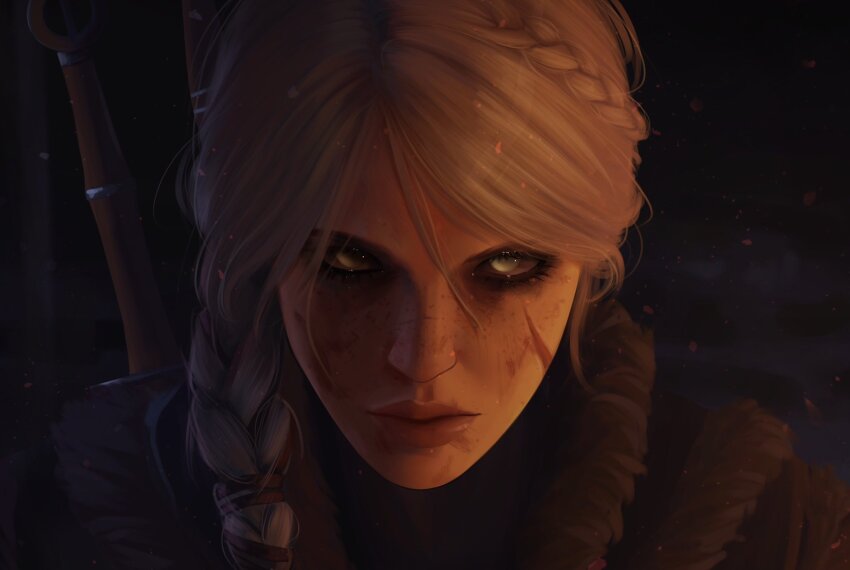 1girl braid braided_ponytail ciri facial_scar green_eyes highres looking_at_viewer portrait scar scar_on_cheek scar_on_face solo sword sword_on_back the_witcher_(series) the_witcher_4 weapon weapon_on_back white_hair wind_fy