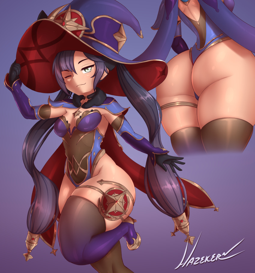 1girl absurdres adapted_costume artist_name ass black_hair blue_background breasts cape detached_sleeves genshin_impact gloves gold gradient_background gradient_clothes grey_eyes hat hazzeker high_heels highres huge_ass large_breasts mona_(genshin_impact) one_eye_closed one_leg_raised purple_background smile thighhighs twintails witch_hat