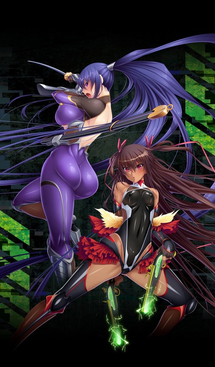 &gt;:o 2girls :o akiyama_rinko antique_firearm aoi_nagisa_(metalder) arm_behind_back armor ass back bare_shoulders black_legwear blue_hair blush bodysuit breasts brown_hair cameltoe company_name copyright_name covered_erect_nipples covered_navel curvy dark-skinned_female dark_skin dual_wielding elbow_gloves electricity female_focus fighting_stance finger_on_trigger fingerless_gloves firearm firelock fishnets flintlock floating_hair frilled_skirt frills fur_trim game_cg gloves glowing grey_hair gun hair_between_eyes hair_ribbon halterneck handgun high_ponytail highres hip_focus hip_vent holding holding_gun holding_weapon huge_ass katana large_breasts layered_skirt leg_up legs legs_apart leotard lilith-soft logo long_hair looking_at_viewer looking_back mizuki_yukikaze multiple_girls ninja nipples official_art one-piece_tan open_mouth parted_lips partially_visible_vulva pink_eyes pistol ponytail profile purple_bodysuit purple_eyes ribbon serious sheath shiny_clothes shiny_skin showgirl_skirt sideboob skin_tight skirt small_breasts spread_legs sword taimanin_(series) taimanin_yukikaze tan tanline team thighhighs thighs turtleneck twintails two_side_up underboob unsheathed v-shaped_eyebrows vambraces very_long_hair weapon