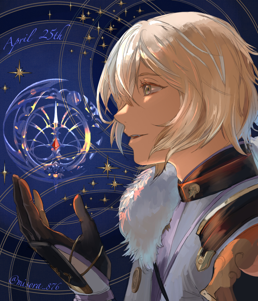 1boy bishounen black_gloves blonde_hair commentary_request english_text eyelashes from_side gloves hair_over_one_eye hand_up higekiri_(touken_ranbu) highres male_focus misora876 parted_lips portrait profile short_hair solo touken_ranbu twitter_username yellow_eyes