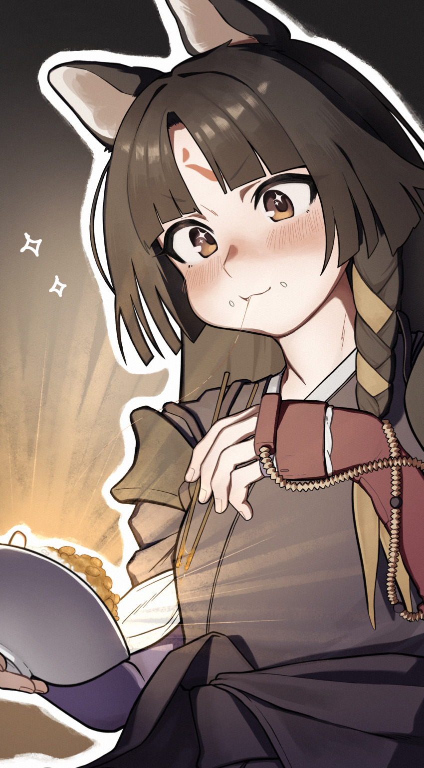 1girl absurdres animal_ears arknights beans black_hair black_kimono bowl brown_eyes chopsticks closed_mouth commentary_request commission dog_ears dog_girl eating facial_mark food forehead_mark fujinari gloves highres holding holding_bowl holding_chopsticks japanese_clothes kimono long_hair nattou pixiv_commission purple_gloves saga_(arknights) simple_background smile solo sparkling_eyes