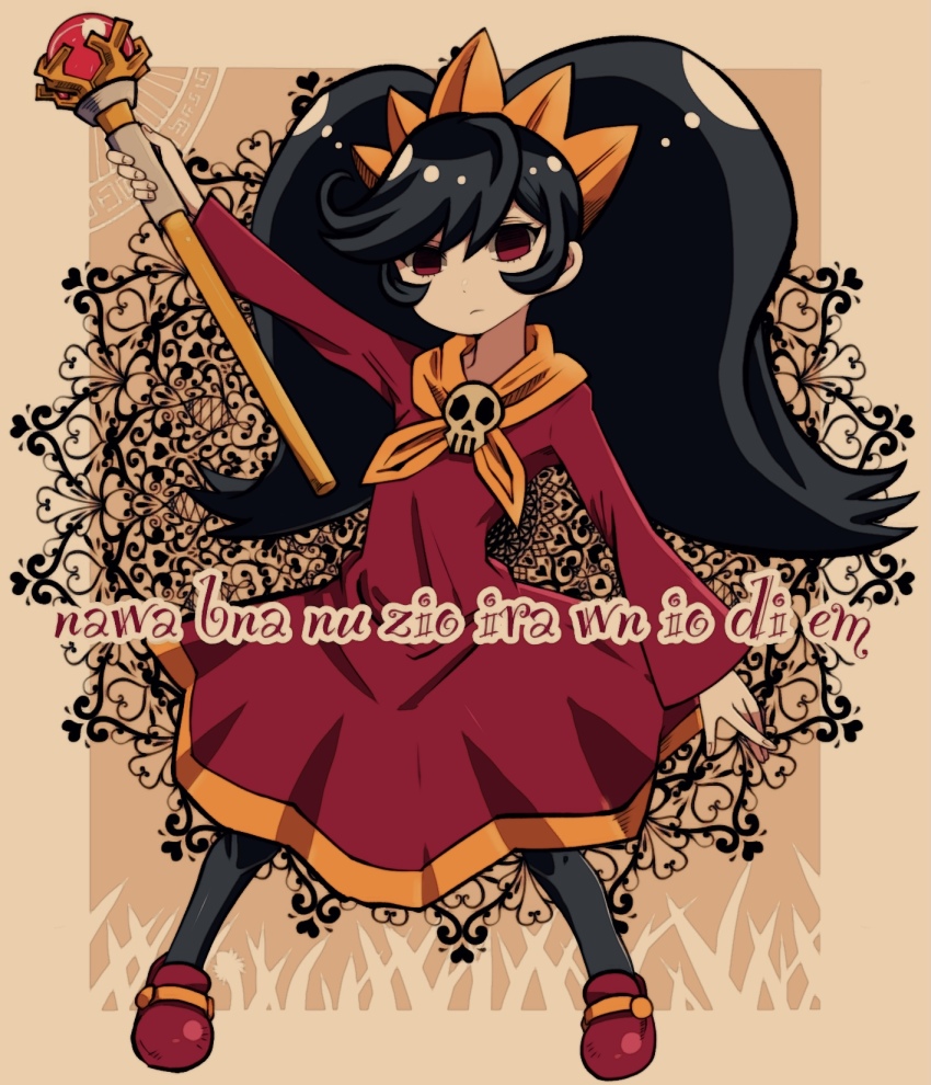 1girl ashley_(warioware) backwards_text batchgooya black_hair black_pantyhose brown_background commentary dress full_body hairband highres holding holding_wand long_hair long_sleeves looking_at_viewer nintendo orange_hairband pantyhose red_dress red_eyes red_footwear skull solo twintails very_long_hair wand warioware witch