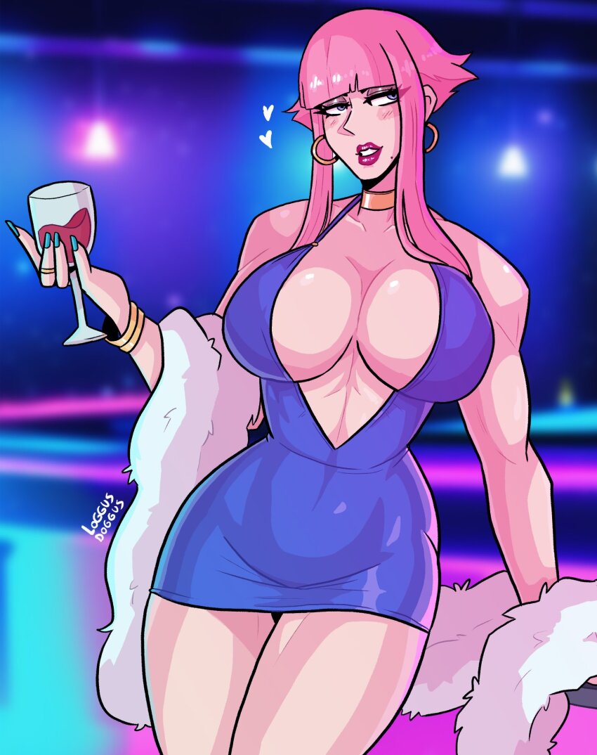 1girl alcohol bare_shoulders blue_dress blue_eyes breasts capcom cup dress drinking_glass female_focus gold highres jewelry large_breasts lipstick makeup manon_legrand midriff mole navel ornament pink_hair ring solo street_fighter street_fighter_6 thick_thighs thighs tight_clothes wine wine_glass