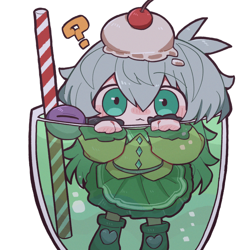 1girl :3 ? absurdres black_boots blush boots bubble cherry drink drinking_straw food fruit full_body glass green_eyes green_skirt grey_hair highres ice_cream ice_cream_float komeiji_koishi long_hair looking_at_viewer minimized simple_background skirt solo submerged sweater touhou white_background yellow_sweater zunusama