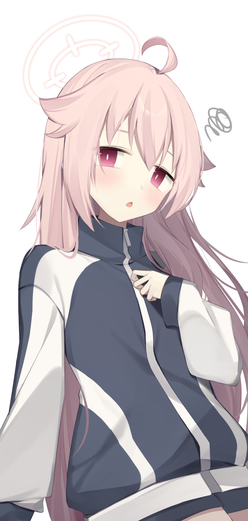 1girl absurdres ahoge black_jacket blue_archive blush commentary_request hair_between_eyes halo hanasaki_rin highres jacket long_hair looking_at_viewer natsu_(blue_archive) pink_eyes pink_hair pink_halo simple_background solo squiggle track_jacket very_long_hair white_background zipper_pull_tab