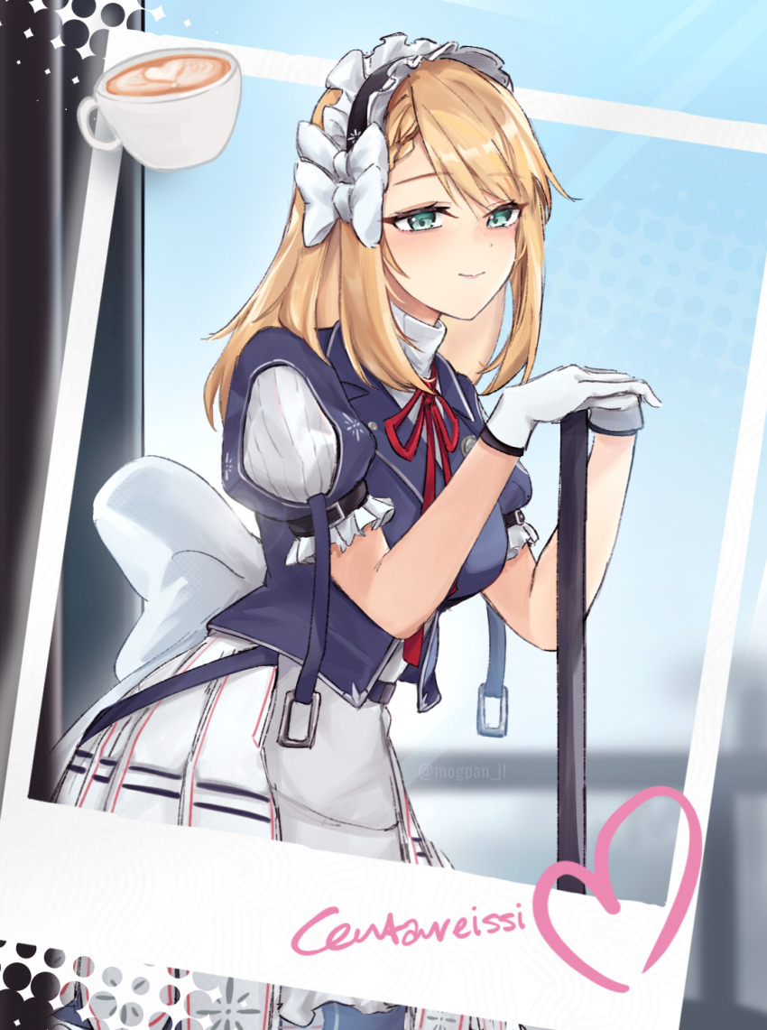 1girl aqua_eyes artist_name blonde_hair blue_jacket blush centaureissi_(girls&#039;_frontline_2) character_name closed_mouth coffee commentary cup english_commentary g36_(girls&#039;_frontline) girls&#039;_frontline girls&#039;_frontline_2:_exilium gloves heart highres jacket latte_art long_hair looking_at_viewer maid maid_headdress mogpan neck_ribbon red_ribbon ribbon skirt smile solo twitter_username white_gloves white_skirt