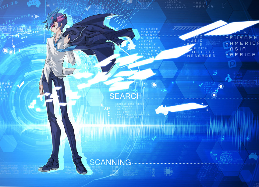 1boy arm_at_side black_jacket black_pants blazer blue_background blue_hair blue_necktie border colored_bangs dress_shirt drop_shadow english_text facing_to_the_side fujiki_yusaku green_eyes holding holding_jacket holding_unworn_clothes holographic_interface jacket jacket_on_shoulders jacket_over_shoulder light_particles looking_to_the_side loose_necktie male_focus necktie open_clothes open_jacket ornate_border pants saika318 school_uniform shirt shoes sneakers spiked_hair untucked_shirt unworn_jacket white_shirt wind yu-gi-oh! yu-gi-oh!_vrains