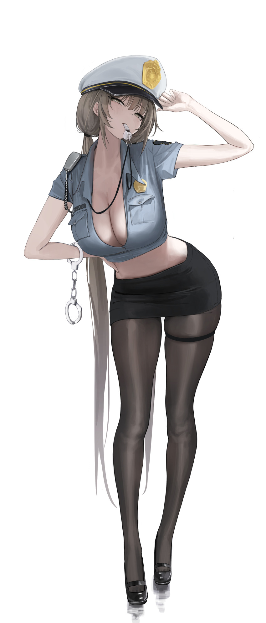 1girl absurdres black_pantyhose black_skirt black_thighlet blonde_hair blue_shirt blush breasts cleavage collarbone cropped_shirt cuffs handcuffs hat high_heels highres jewelry laneigu large_breasts legs long_hair looking_at_viewer midriff miniskirt mole mole_on_cheek original pantyhose police police_hat police_uniform policewoman shirt simple_background skirt solo thighlet thighs very_long_hair whistle whistle_around_neck white_background yellow_eyes yuzu_(laneigu)