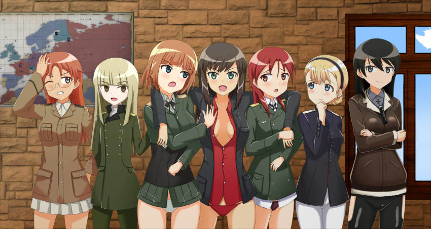 6+girls adolfine_galland aqua_eyes arms_around_neck beige_jacket black_hair black_jacket black_pants blonde_hair blue_eyes blue_jacket blush brave_witches breasts breasts_apart brown_eyes brown_jacket cloud commentary_request corset crossed_arms edytha_neumann europe_map federica_n._doglio fur_trim glasses green_eyes green_jacket green_legwear grete_m._gollob grey_eyes gundula_rall hairband hand_on_head hand_on_own_chin highres indoors jacket light_brown_hair long_hair map military military_uniform miniskirt minna-dietlinde_wilcke multiple_girls no_pants noble_witches nomad_(mjauharazhar) open_clothes open_jacket open_mouth orange_hair panties pants pantyhose partially_unbuttoned red_eyes red_hair red_panties rosalie_de_hemricourt_de_grunne short_hair skirt sky smile standing strike_witches strike_witches:_kurenai_no_majo-tachi strike_witches_zero teeth trait_connection underwear wall white_legwear white_panties window witches_of_africa world_witches_series