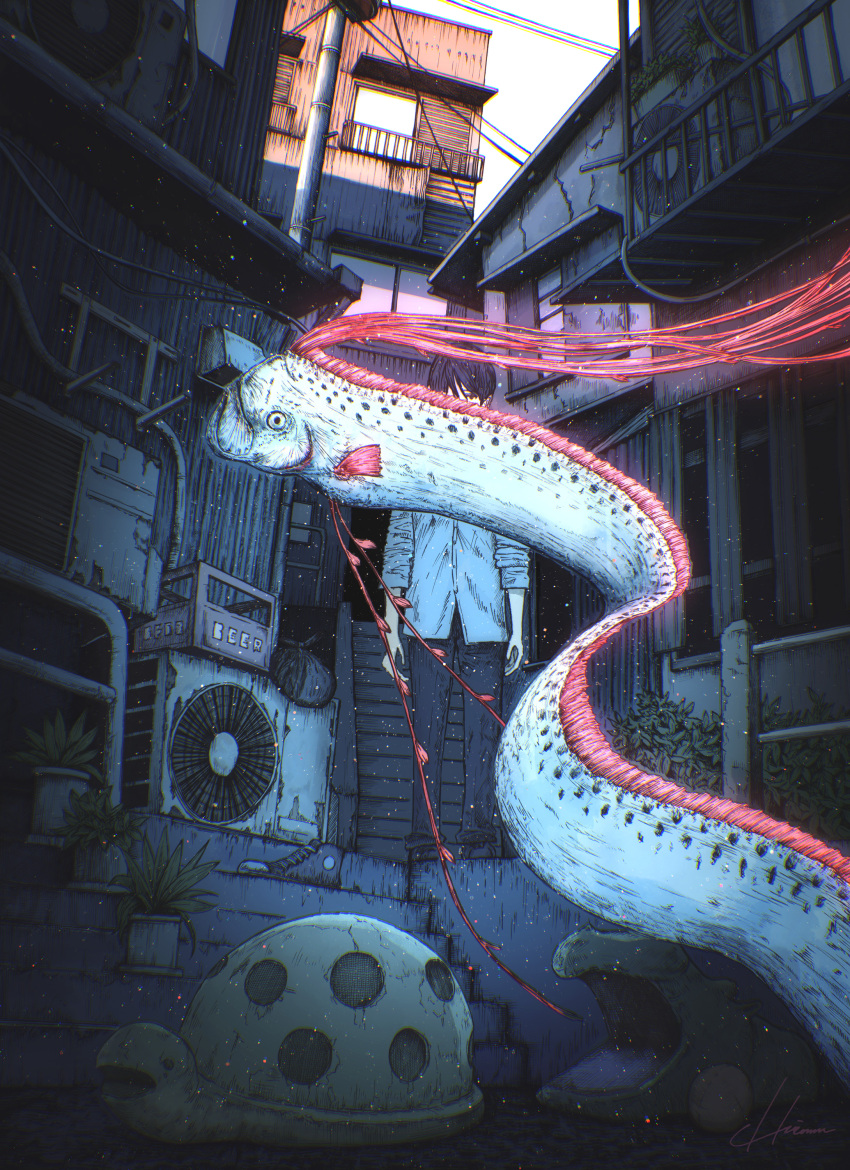 1boy absurdres black_hair black_pants building condenser_unit fish flying_fish highres hiromumaru male_focus oarfish original outdoors pants plant potted_plant power_lines shirt short_hair solo stairs white_shirt window