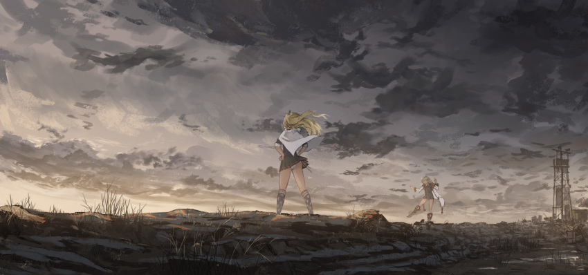 2girls american_flag american_flag_legwear american_flag_print azur_lane blonde_hair blue_skirt boots cape cleveland_(azur_lane) cloud cloudy_sky danzir denver_(azur_lane) flag_print from_behind grey_hair hands_on_own_hips highres multiple_girls panties pantyshot scenery skirt sky underwear wind wind_lift