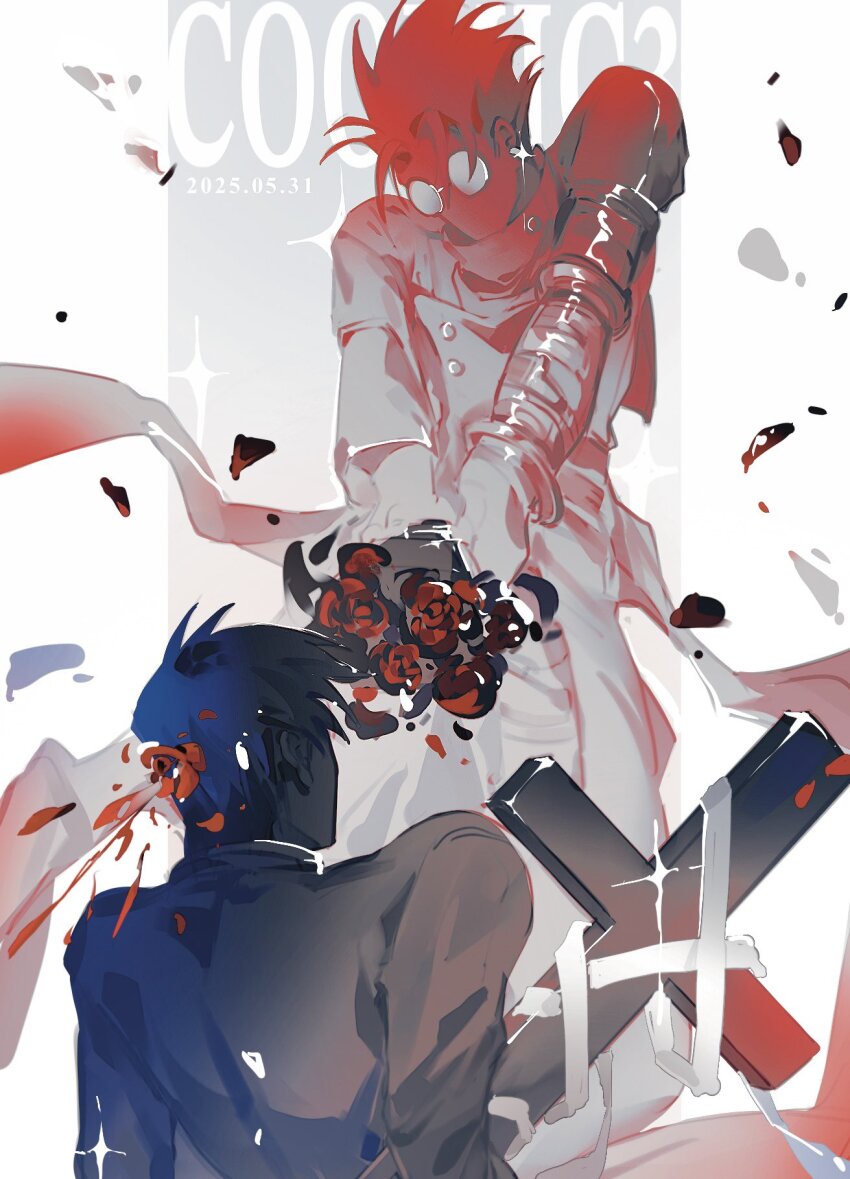 2boys bandages blood bouquet collared_coat cross dated earrings fiiish_shih flower from_behind headshot highres jewelry long_coat male_focus multiple_boys nicholas_d._wolfwood petals prosthesis prosthetic_arm red_petals rose round_eyewear short_hair simple_background single_earring spiked_hair trigun trigun_maximum vash_the_stampede white_background