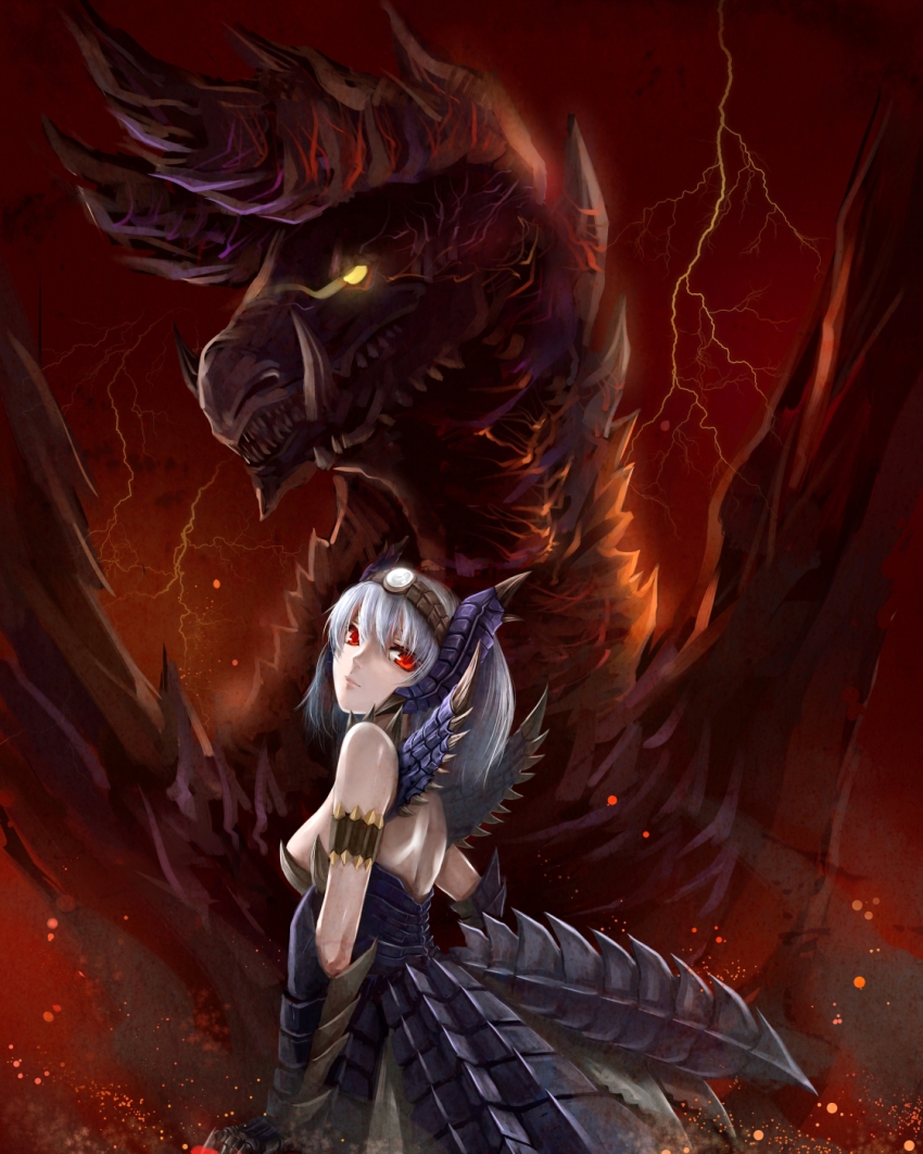 1girl alatreon alatreon_(armor) armband armor back blue_hair breasts capcom dragon gauntlets glowing glowing_eye highres horns lightning looking_back monster_hunter_(series) monster_hunter_3 pale_skin red_eyes sharp_teeth sideboob teeth windtalker