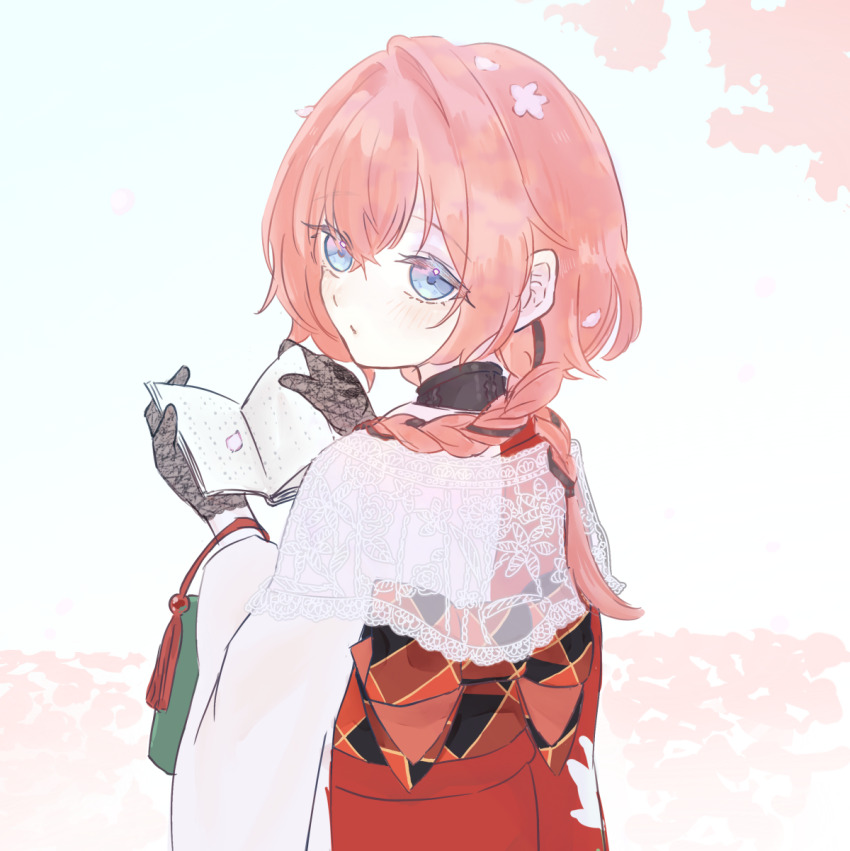 1girl ange_katrina ange_katrina_(new_year) aqua_bag back_bow bag black_gloves black_hair black_sash blue_eyes book bow braid closed_mouth commentary crossed_bangs fbteqtkllo182ns from_behind gloves hair_between_eyes hair_over_shoulder handbag hands_up highres holding holding_book japanese_clothes kimono lace lace_gloves lace_shawl light_blush long_bangs long_hair long_sleeves looking_at_viewer looking_back low_twin_braids multicolored_hair multicolored_sash nijisanji obi open_book orange_sash petal_on_head pink_background pink_hair pink_petals red_kimono red_sash sash see-through_clothes see-through_shawl shawl solo streaked_hair symbol-only_commentary tassel turning_head twin_braids two-tone_background two-tone_hair upper_body virtual_youtuber white_background white_kimono white_shawl