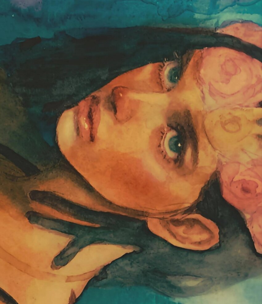 1girl black_hair blue_eyes close-up dark-skinned_female dark_skin dragona_joestar dreadlocks eyelashes flower hair_flower hair_ornament highres jojo_no_kimyou_na_bouken lips long_hair painting_(medium) pink_flower portrait solo the_jojolands traditional_media umasandaa watercolor_(medium)