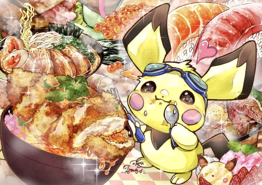alternate_color animal_focus black_eyes character-themed_food chopsticks egg fish_(food) food food_on_face food_request fruit gen_1_pokemon gen_2_pokemon goggles goggles_on_head holding holding_spoon ice_cream iroha_nibi melon nintendo no_humans noodles nori_(seaweed) pichu pikachu player_2 pokemon pokemon_(creature) rice roe signature spoon strawberry super_smash_bros.