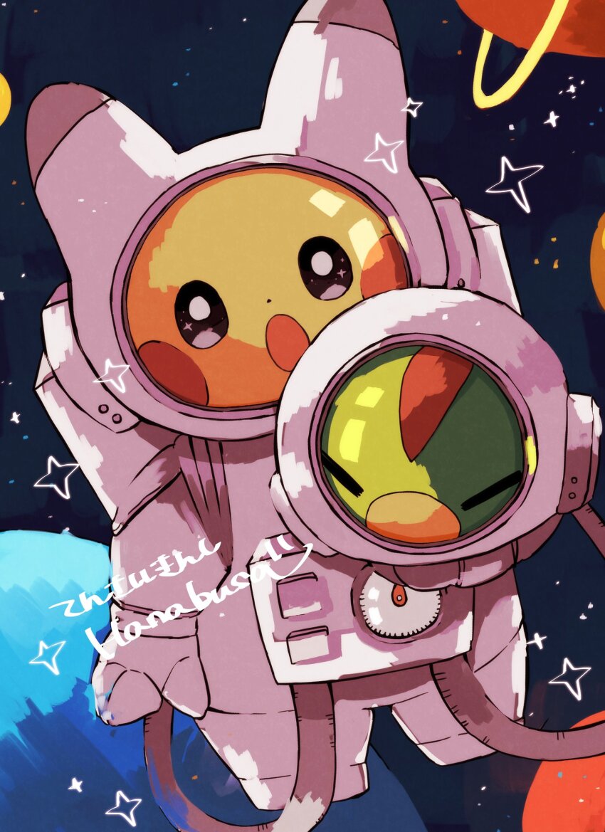 :o animal_focus closed_eyes colored_skin commentary_request dot_nose gen_1_pokemon gen_2_pokemon green_skin hanabusaoekaki highres natu nintendo no_humans open_mouth pikachu planet planetary_ring pokemon pokemon_(creature) space spacesuit sparkle star_(sky) yellow_skin