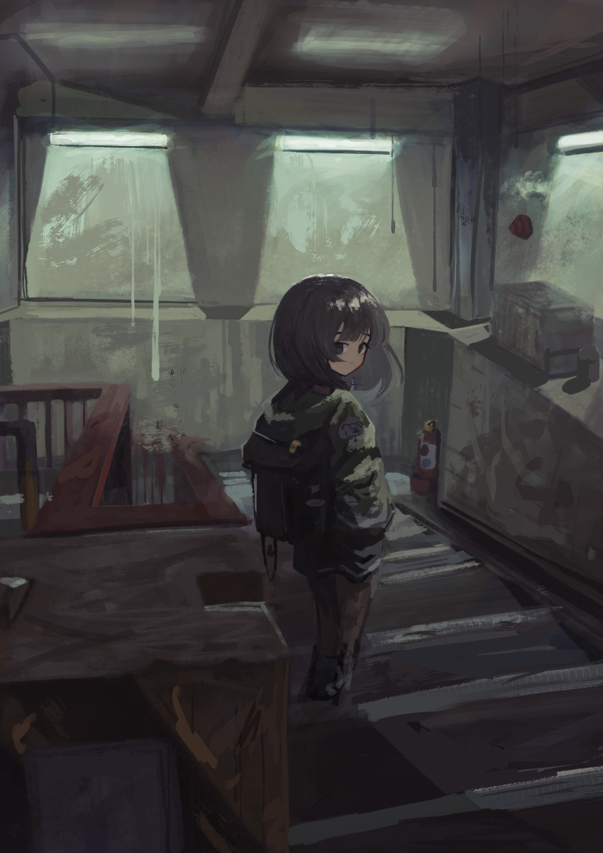1girl absurdres backpack bag banister black_bag black_boots black_hair boots closed_mouth commentary curtains eliot_(eokaitekaite969) fire_extinguisher from_behind full_body green_jacket grey_hair hands_in_pockets highres hood hood_down hooded_jacket indoors jacket long_sleeves looking_at_viewer on_stairs original scenery short_hair shorts solo stairs standing window