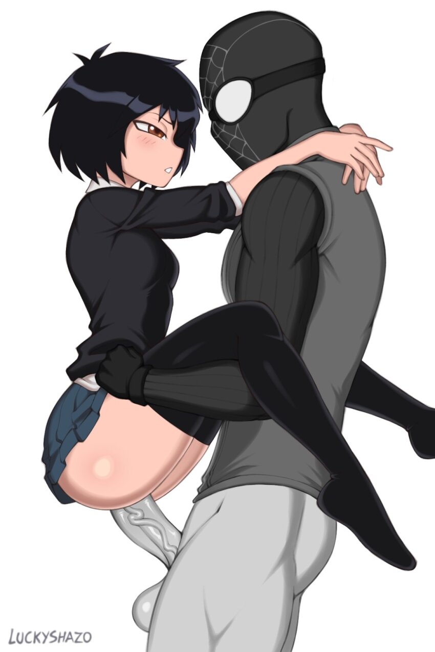 1boy 1girl arms_around_neck artist_name black_hair black_shirt black_thighhighs blue_skirt breasts brown_hair clothes_lift colored_skin eye_contact eyebrows feet_out_of_frame from_side grey_skin half-closed_eye hetero highres knees_up large_penis looking_at_another luckyshazo marvel no_panties parted_lips peni_parker penis petite profile sex shirt short_hair short_sleeves simple_background skirt skirt_lift small_breasts spider-man_(series) spider-man_noir spider-verse suspended_congress teeth testicles thighhighs uncensored vaginal veins veiny_penis white_background