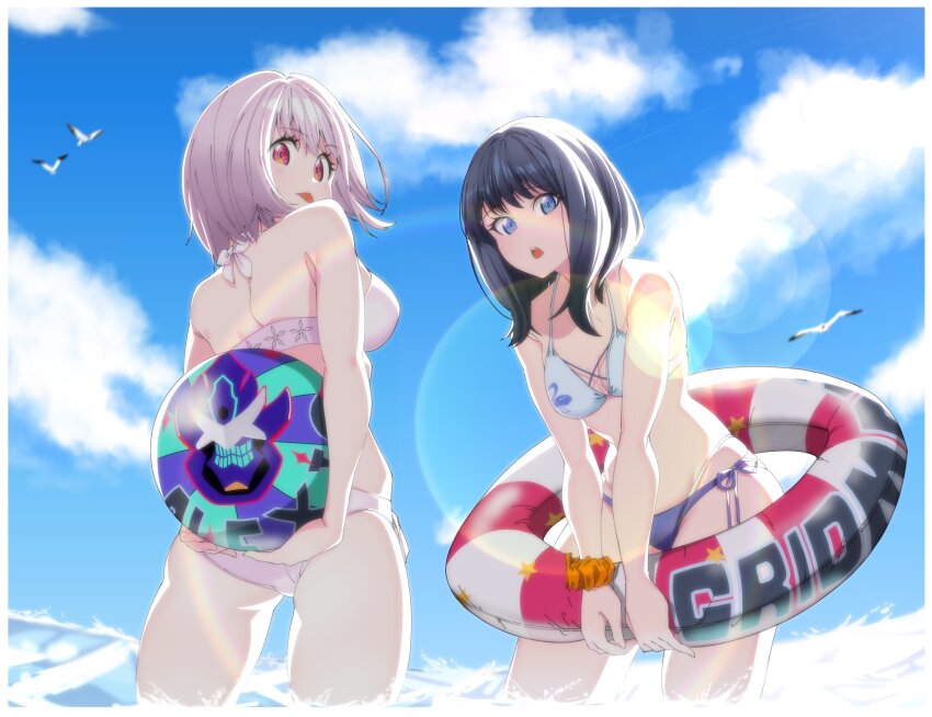 2girls alexis_kerib ball beachball bikini bird black_hair blue_bikini blue_eyes blurry blurry_background cowboy_shot from_behind gridman_universe gridman_universe_(movie) highres holding holding_ball holding_beachball holding_swim_ring innertube isme looking_at_viewer looking_back multiple_girls partially_submerged pink_bikini purple_eyes purple_hair seagull shinjou_akane sky sunlight swim_ring swimsuit takarada_rikka water white_bikini