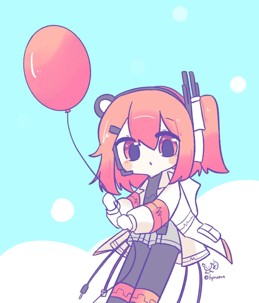 1girl a.i._voice adachi_rei balloon black_leggings cable feet_out_of_frame grey_shorts hair_between_eyes hair_ornament hair_ribbon headlamp headset highres holding holding_balloon hyouenn jacket leggings long_sleeves looking_at_viewer medium_hair one_side_up open_clothes open_jacket orange_eyes orange_hair outdoors radio_antenna ribbon shorts signature solo twitter_username utau white_jacket white_ribbon