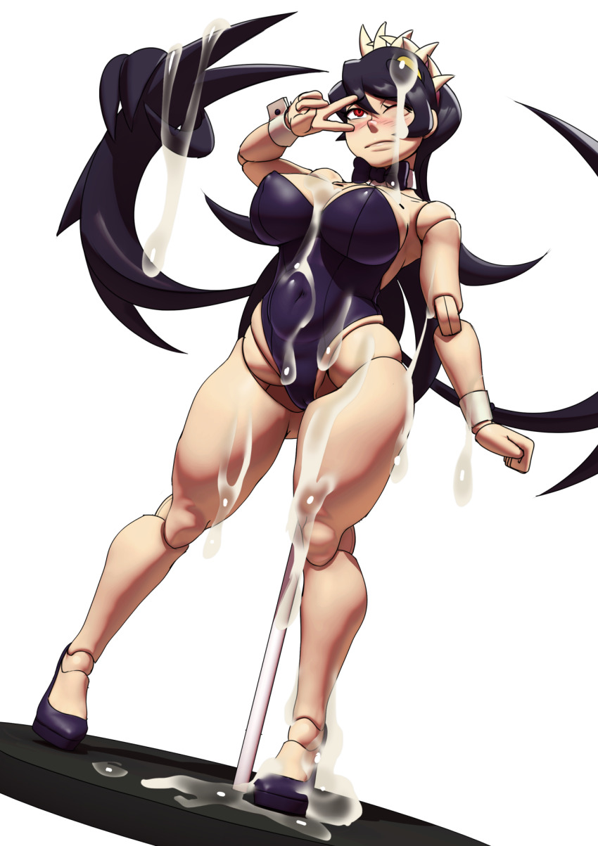1girl aftersex bad_id bad_pixiv_id bare_legs belly black_footwear black_hair black_leotard blush bow bowtie breasts bukkake cameltoe cleavage covered_erect_nipples covered_navel cum cum_on_body cum_on_breasts cum_on_clothes cum_on_hair cum_on_lower_body cum_on_upper_body detached_collar doll_joints double_v extra_mouth female_focus figma figma_stand filia_(skullgirls) gluteal_fold high_heels highres impossible_clothes impossible_leotard john_doe_(jdart) joints large_breasts leotard long_hair mini_person minigirl nose_blush one_eye_closed pigeon-toed playboy_bunny plump prehensile_hair red_eyes sagging_breasts samson_(skullgirls) skullgirls solo strapless strapless_leotard thick_thighs thighs v v_over_eye very_long_hair white_background wrist_cuffs
